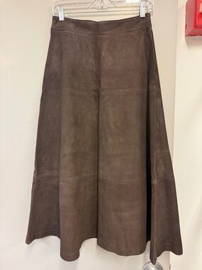 Brown Suede A-Line Midi Skirt